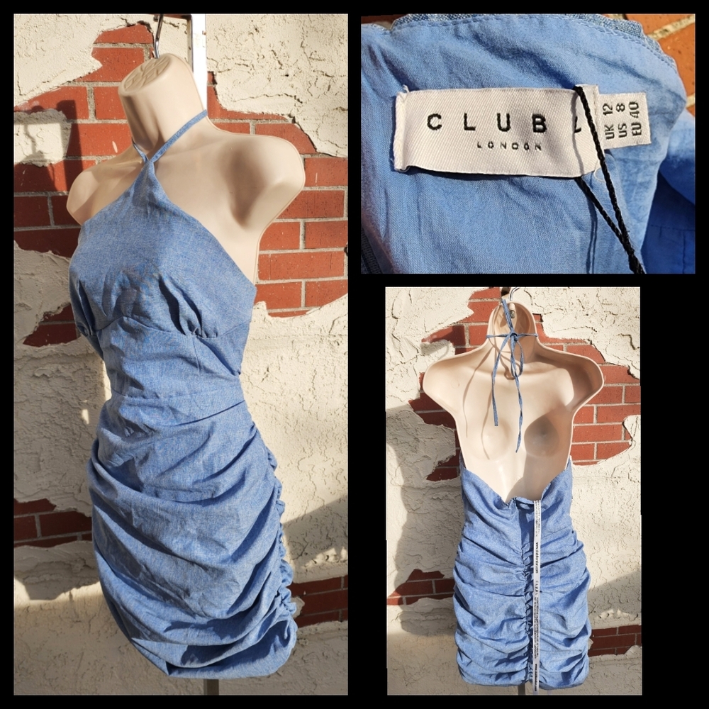 New 8 fit 6 ??:Club L London Blue Halter Ruched Dress Bubble Hem